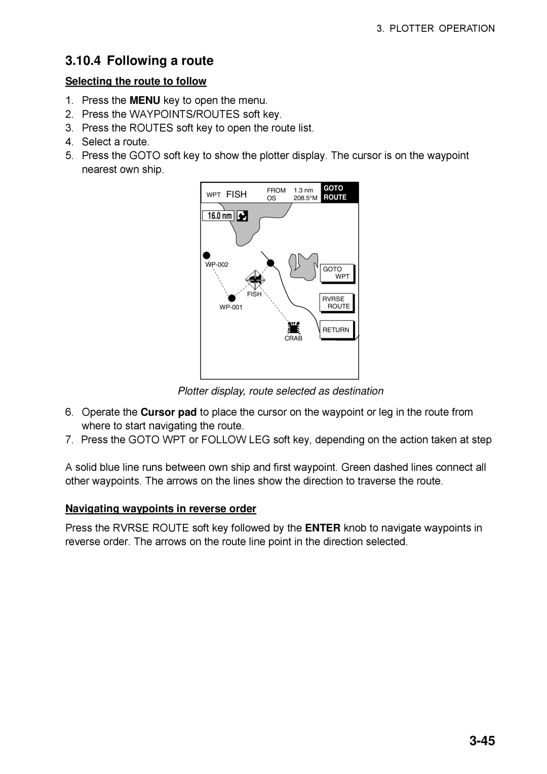 Furuno 1734C Following a route, Selecting the route to follow, Plotter display, route selected as destination, 16.0 nm 