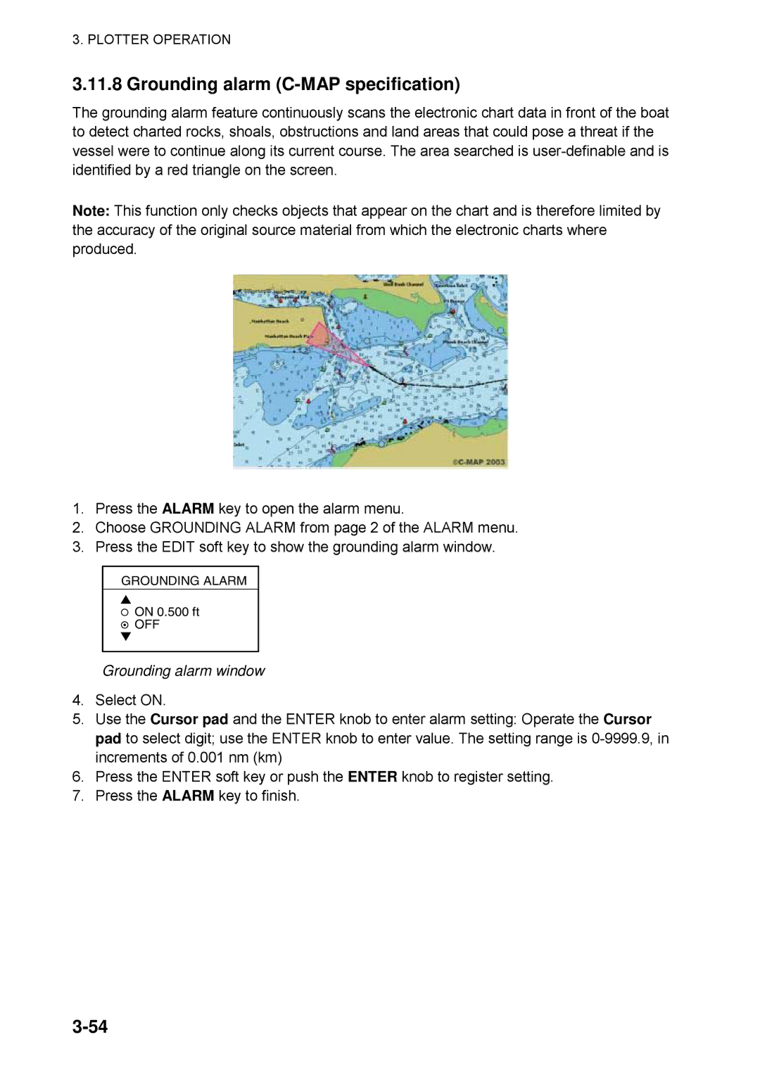 Furuno 1734C manual Grounding alarm C-MAP specification, Grounding alarm window 