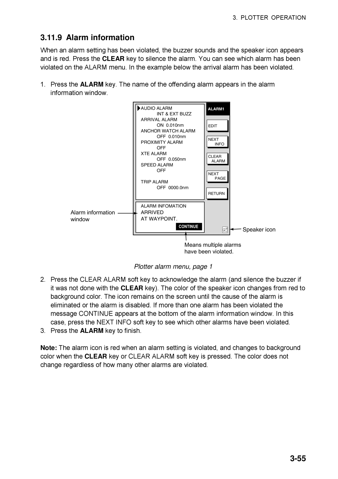 Furuno 1734C manual Alarm information, Plotter alarm menu 