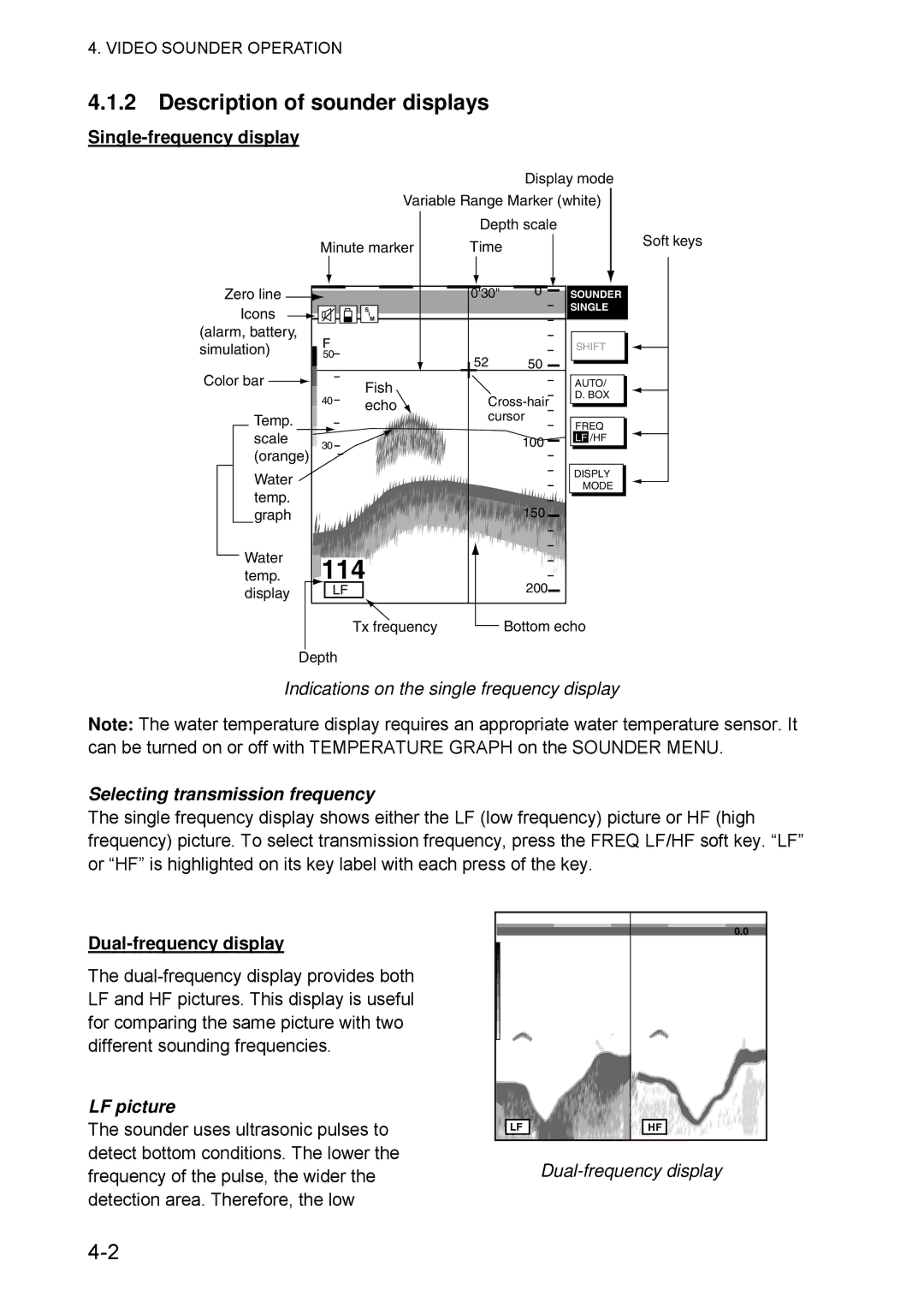 Furuno 1734C manual Description of sounder displays, Single-frequency display, Indications on the single frequency display 