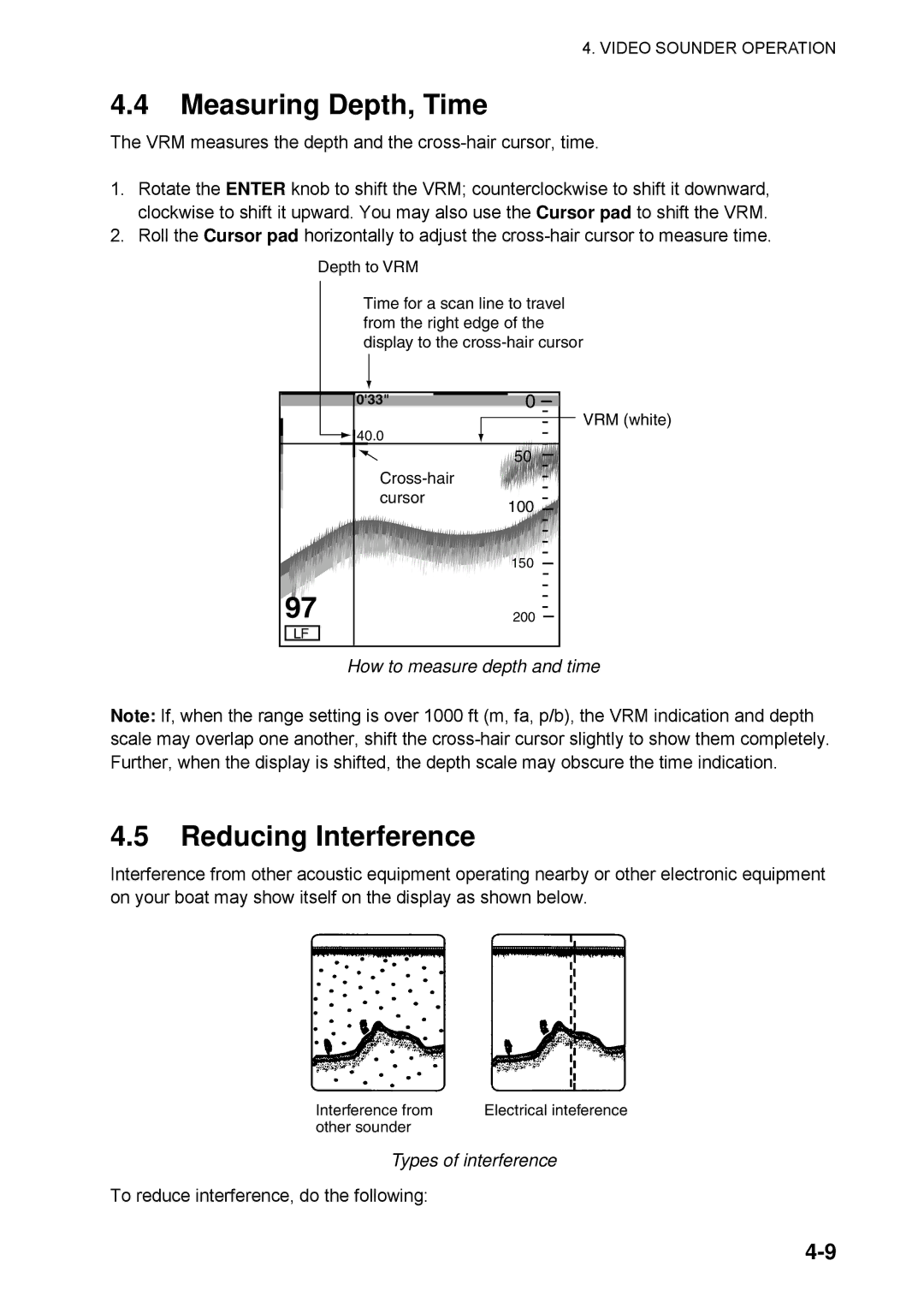 Furuno 1734C manual Measuring Depth, Time, Reducing Interference, How to measure depth and time, Types of interference 