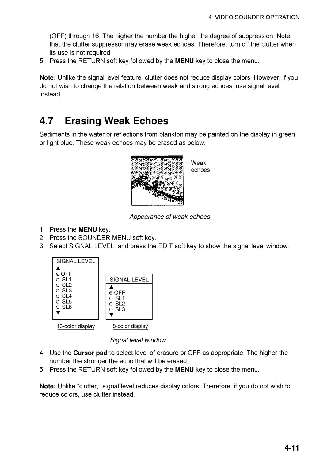 Furuno 1734C manual Erasing Weak Echoes, Appearance of weak echoes, Signal level window 