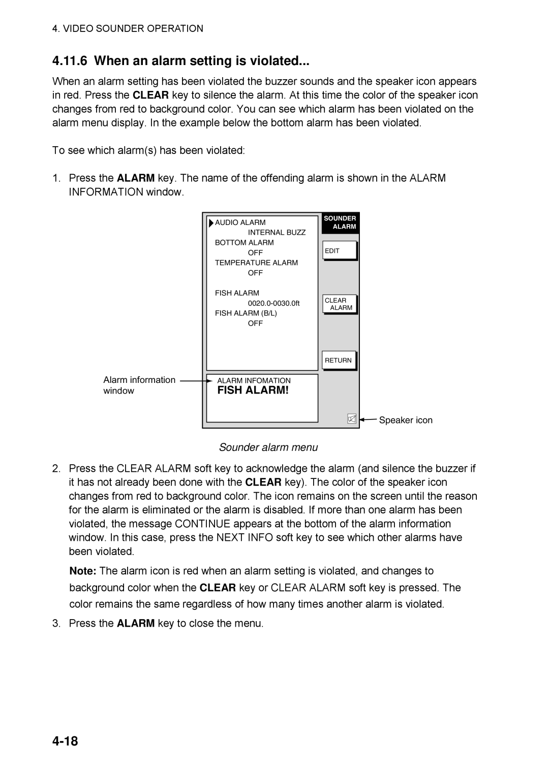 Furuno 1734C manual When an alarm setting is violated, Fish Alarm 