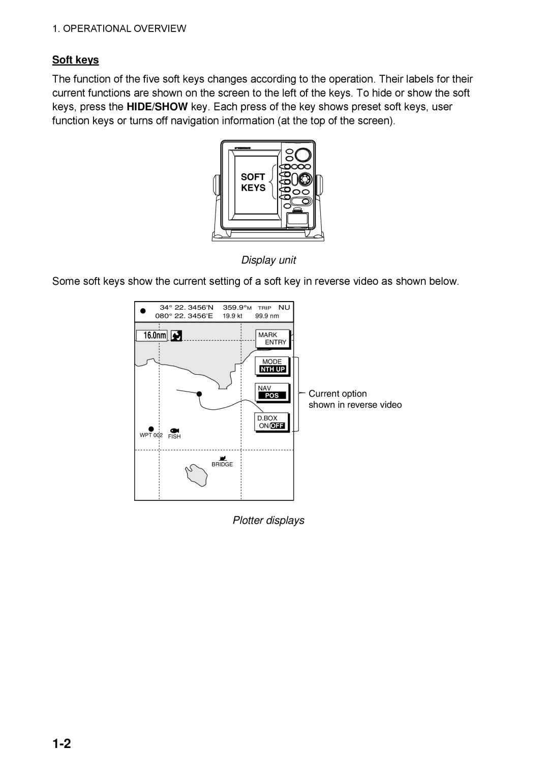 Furuno 1734C manual Soft keys, Display unit, Plotter displays, 16.0nm 