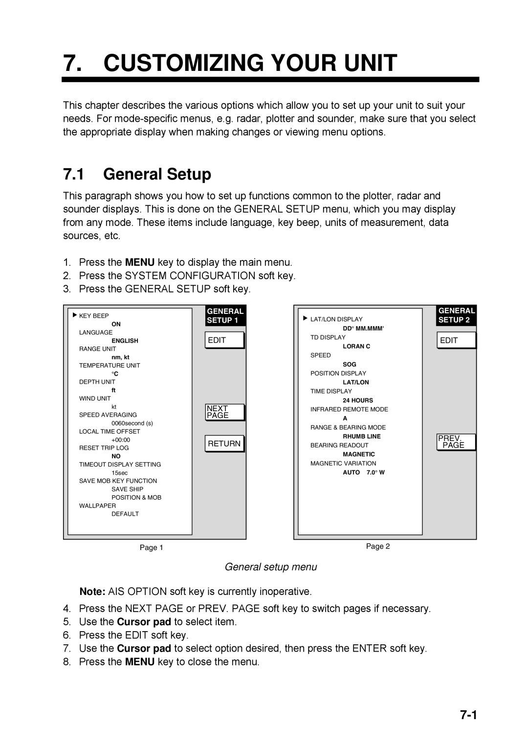 Furuno 1734C manual General Setup, General setup menu 