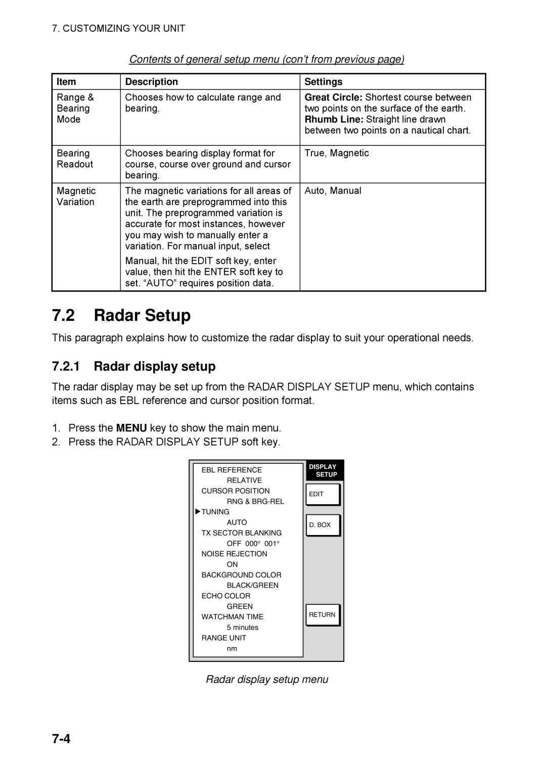 Furuno 1734C manual Radar Setup, Radar display setup menu 