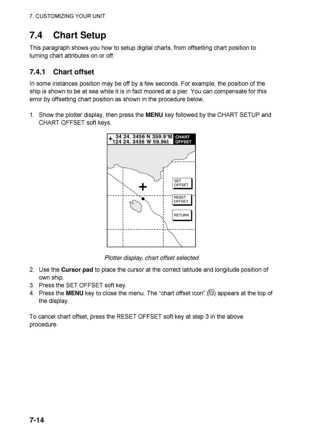 Furuno 1734C manual Chart Setup, Chart offset, Plotter display, chart offset selected 