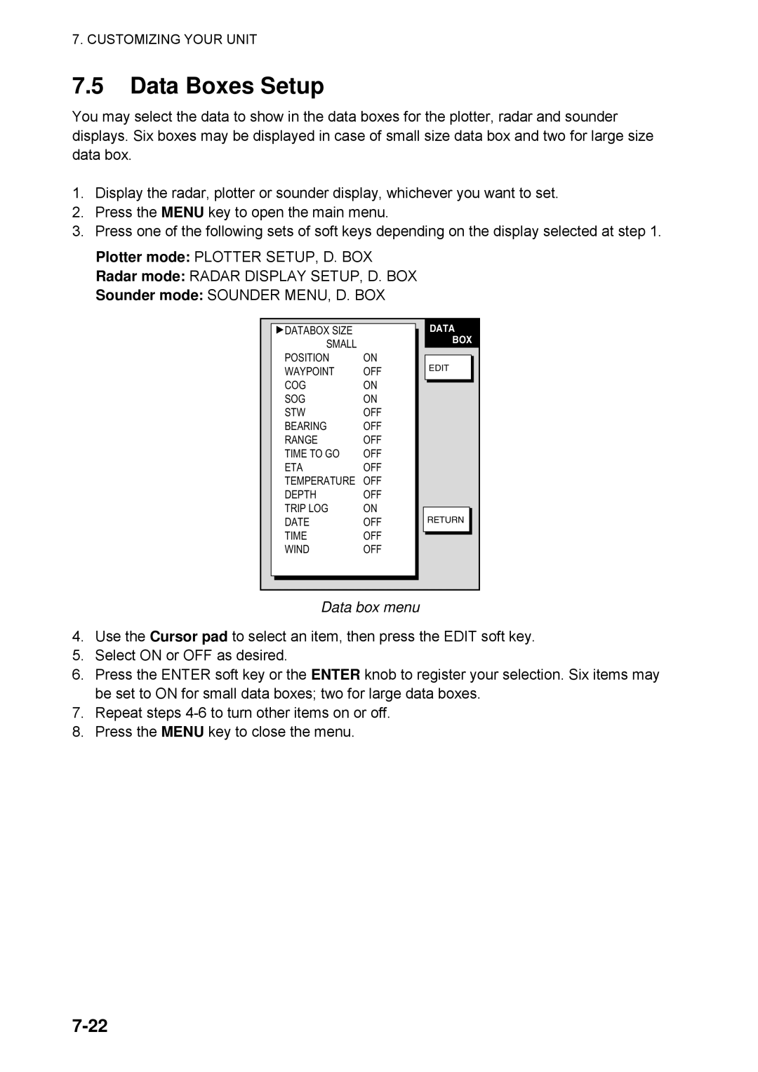 Furuno 1734C manual Data Boxes Setup, Data box menu 