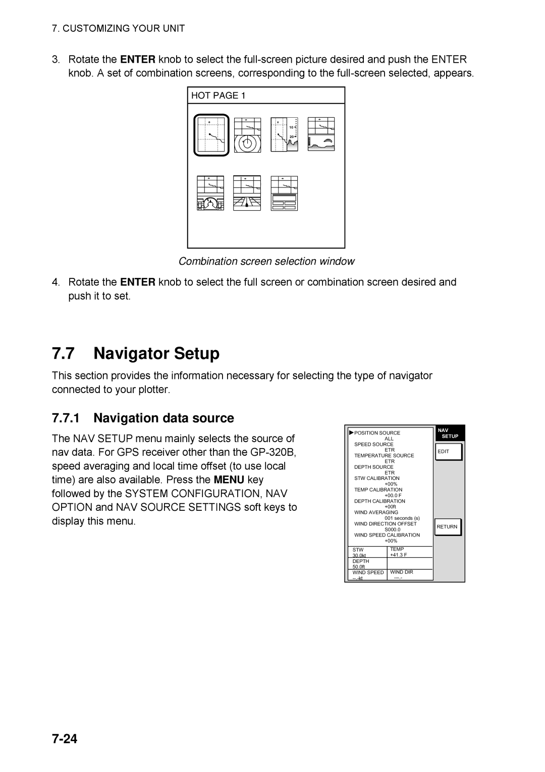 Furuno 1734C manual Navigator Setup, Navigation data source, Combination screen selection window 