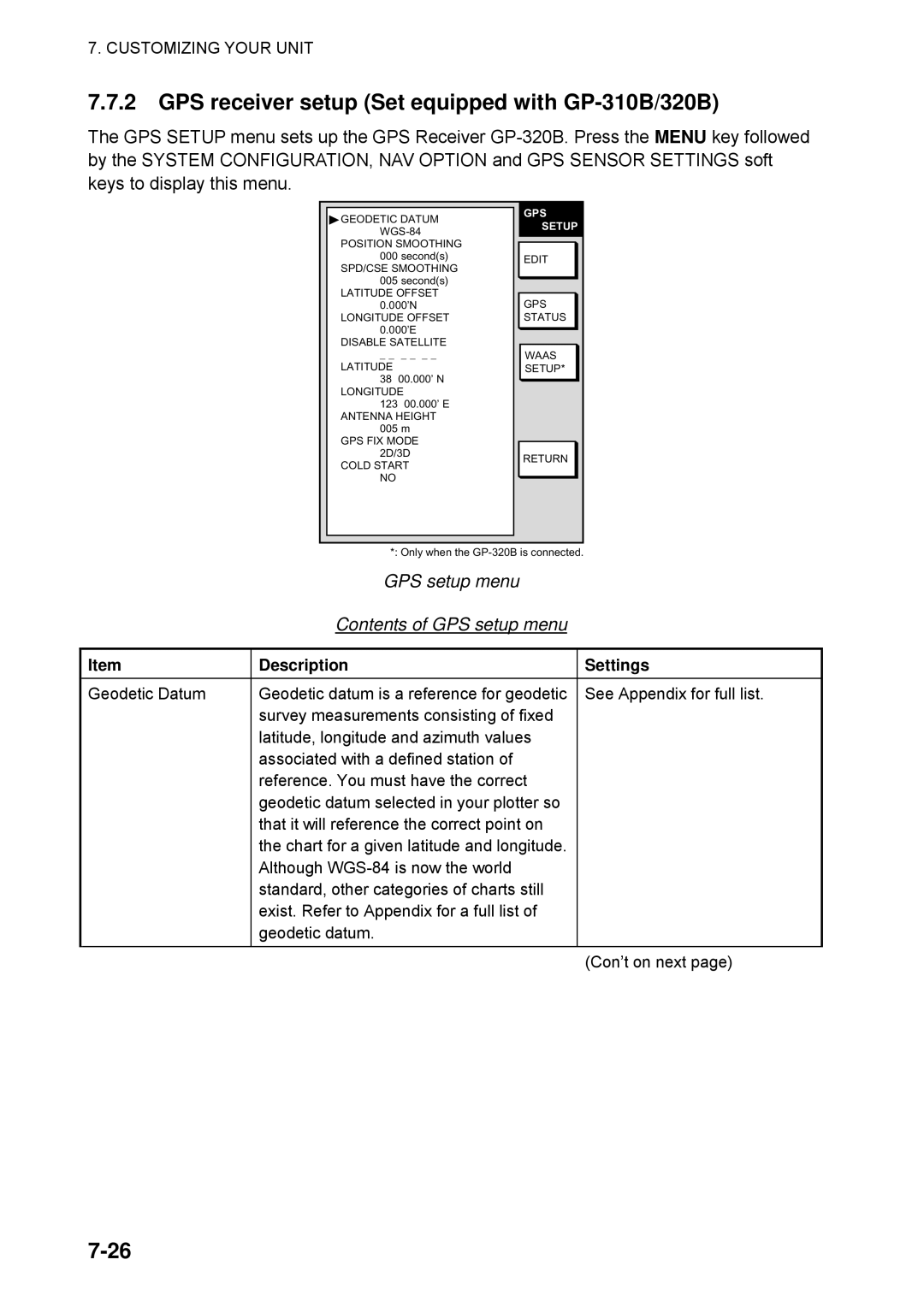 Furuno 1734C manual GPS receiver setup Set equipped with GP-310B/320B, GPS setup menu Contents of GPS setup menu 