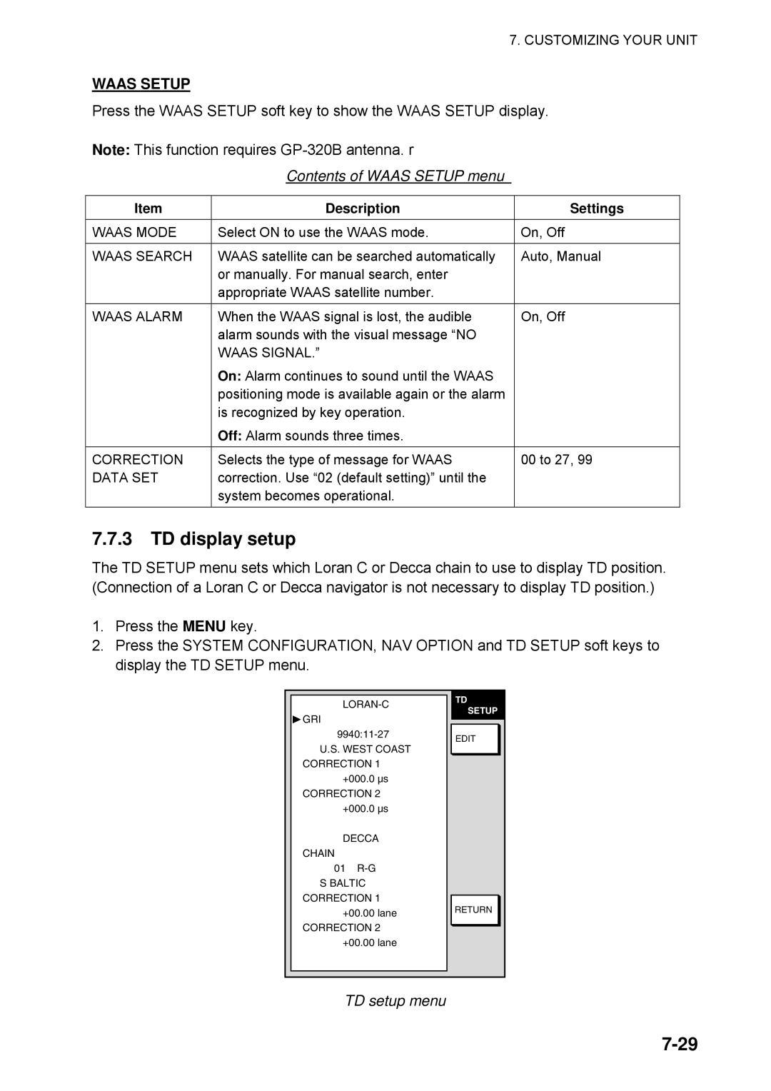 Furuno 1734C manual TD display setup, Contents of Waas Setup menu, TD setup menu 