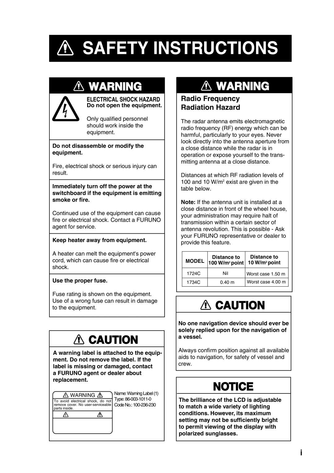 Furuno 1734C manual Safety Instructions 