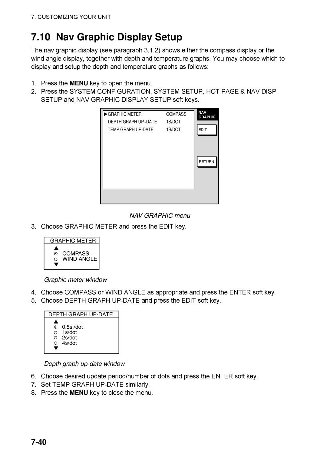 Furuno 1734C manual Nav Graphic Display Setup, NAV Graphic menu, Graphic meter window, Depth graph up-date window 