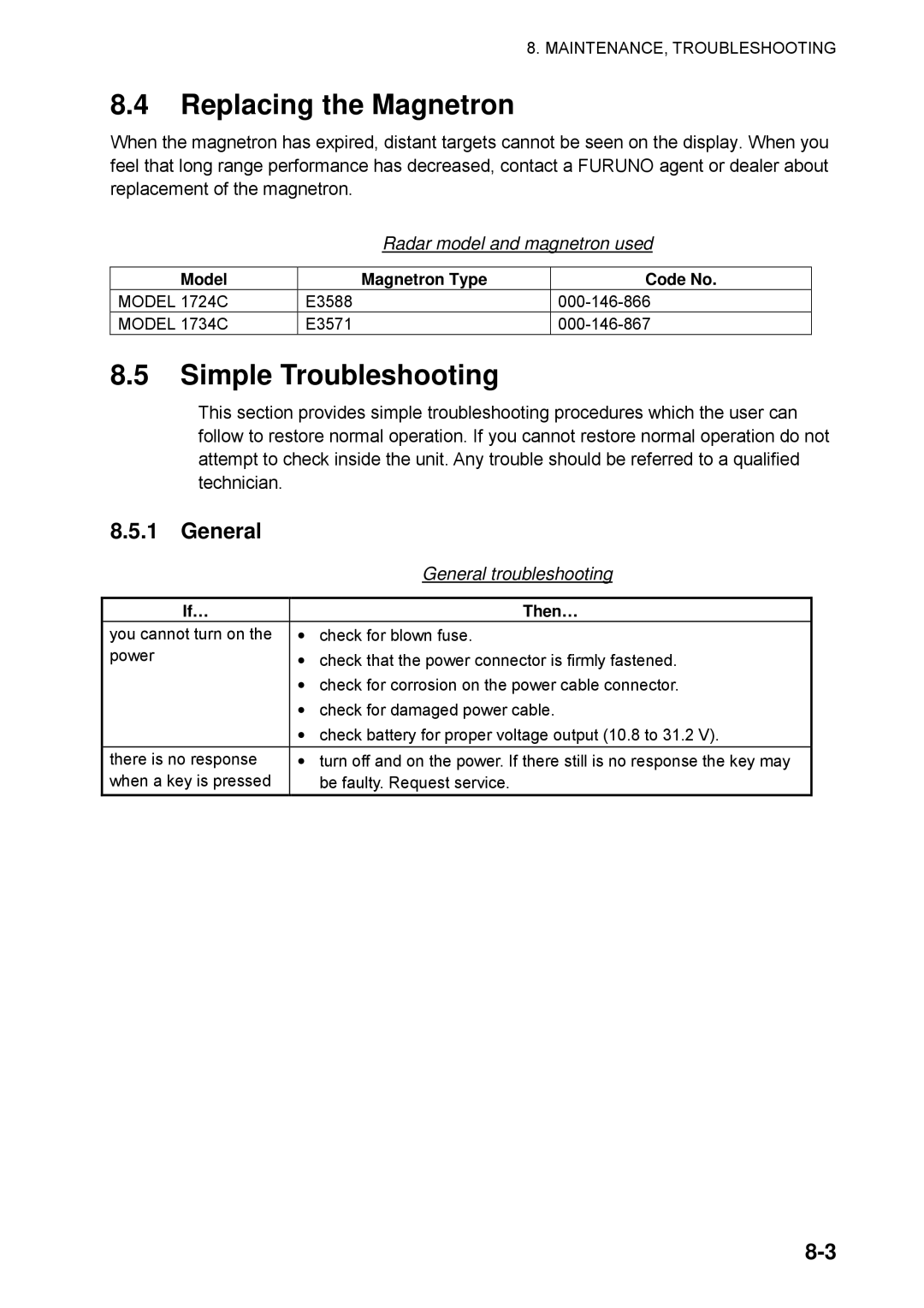 Furuno 1734C manual Replacing the Magnetron, Simple Troubleshooting, General, Radar model and magnetron used 