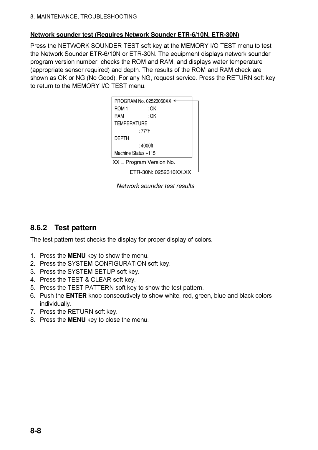 Furuno 1734C manual Test pattern, Network sounder test results 