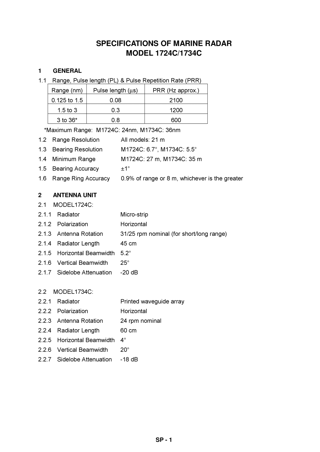 Furuno manual Specifications of Marine Radar, Model 1724C/1734C 