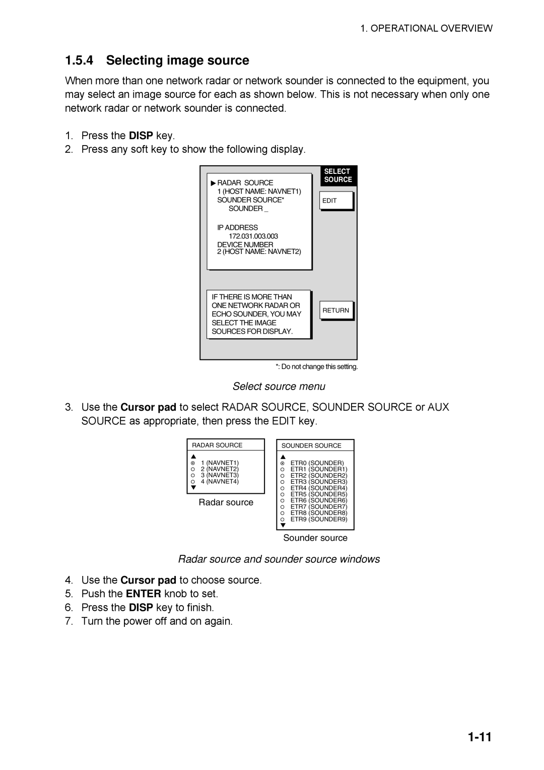 Furuno 1734C manual Selecting image source, Select source menu, Radar source and sounder source windows 