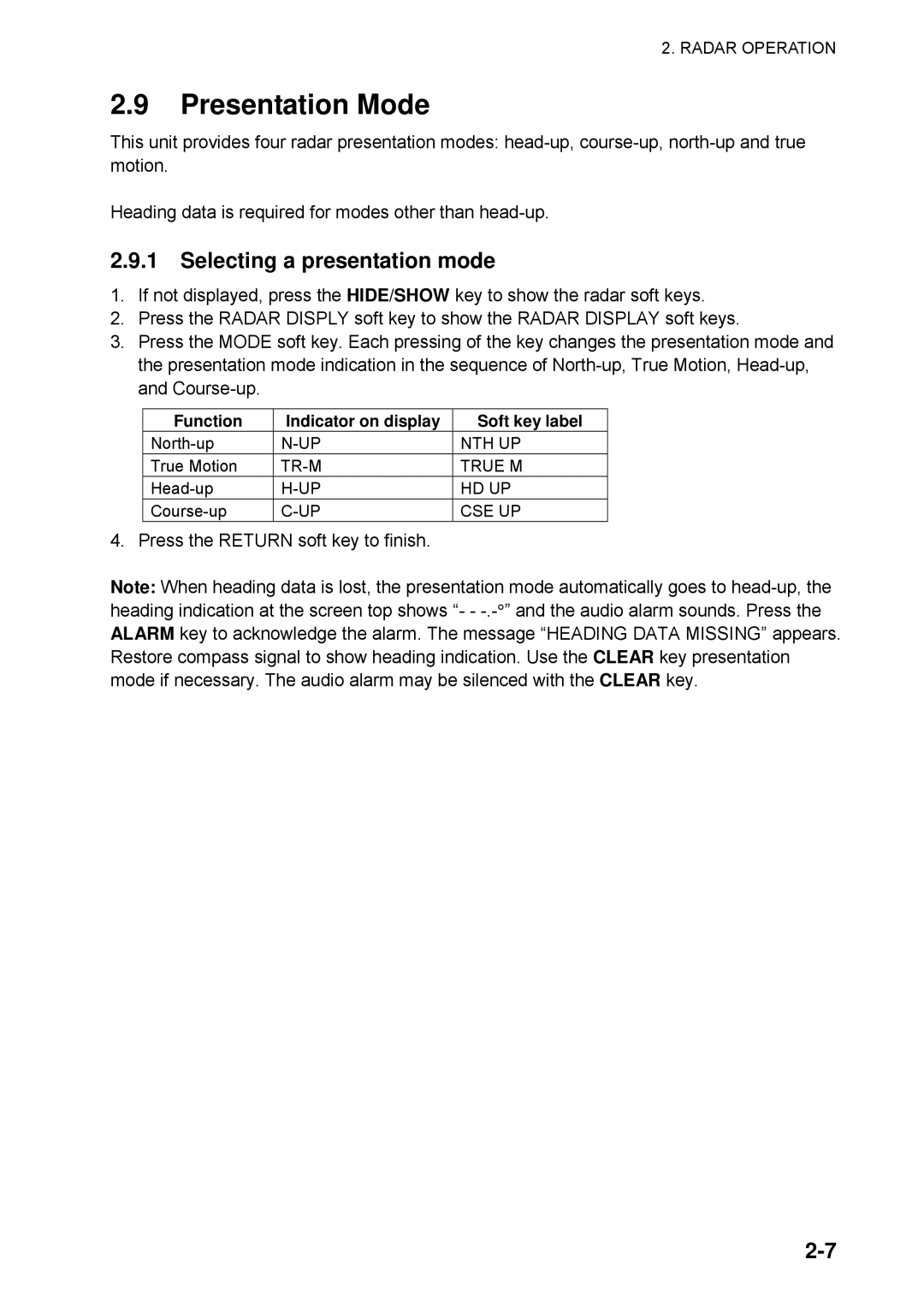 Furuno 1734C manual Presentation Mode, Selecting a presentation mode, Function Indicator on display Soft key label 