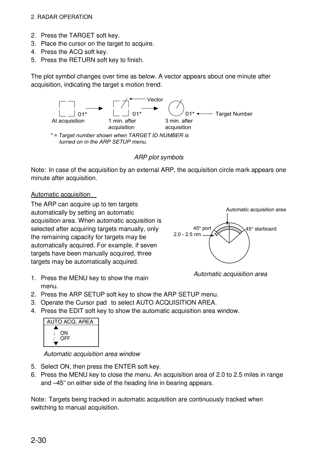 Furuno 1734C manual ARP plot symbols, Automatic acquisition area window 