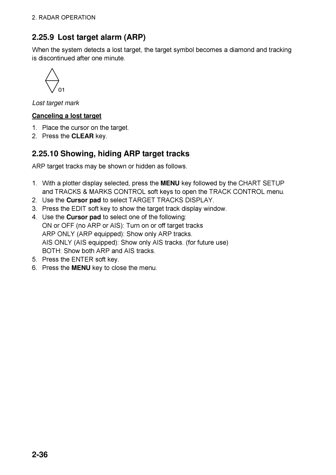 Furuno 1734C manual Lost target alarm ARP, Showing, hiding ARP target tracks, Lost target mark, Canceling a lost target 