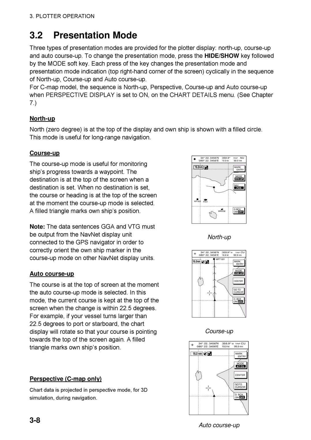 Furuno 1734C manual Auto course-up, Perspective C-map only, North-up, Course-up 