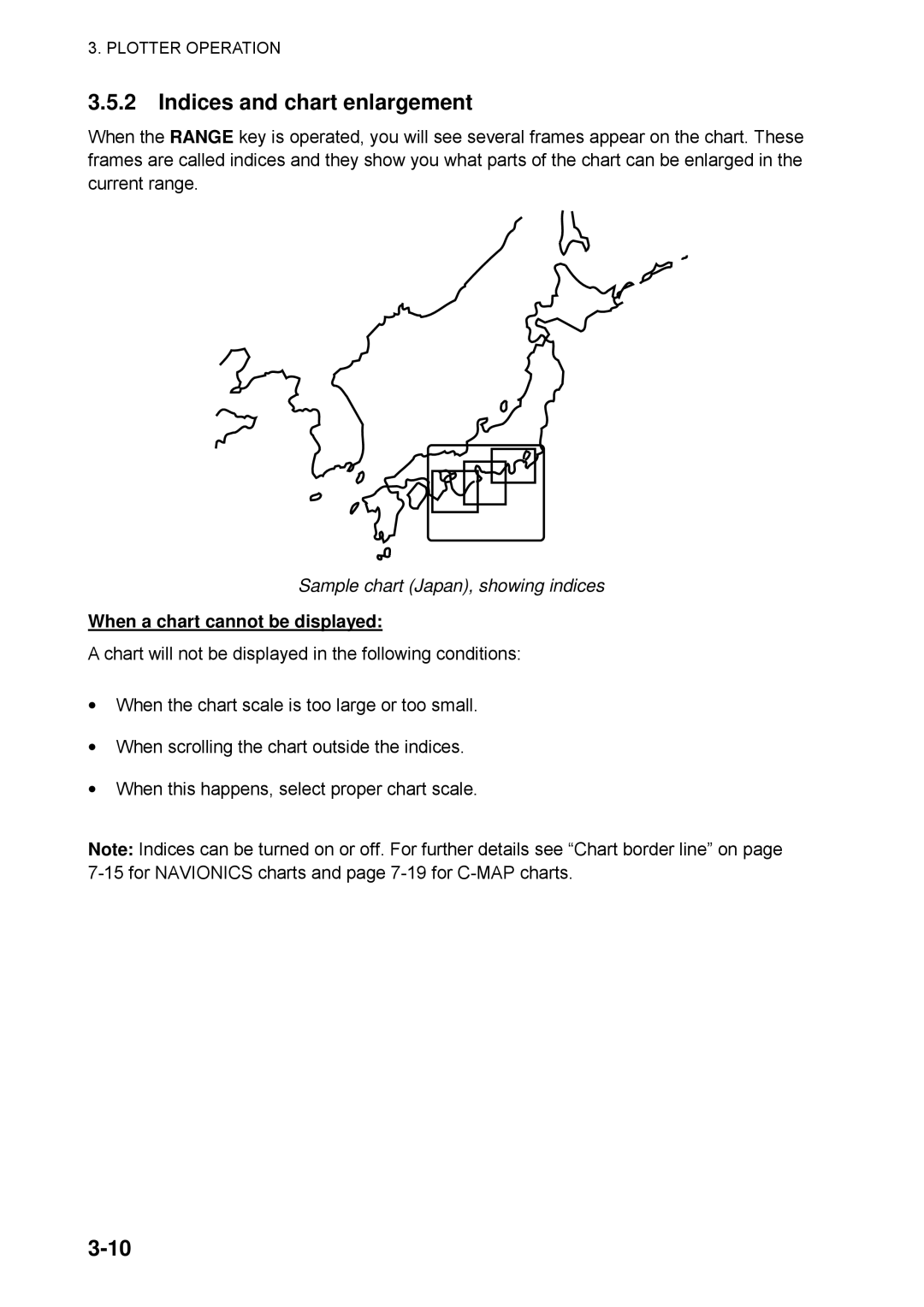 Furuno 1734C manual Indices and chart enlargement, Sample chart Japan, showing indices, When a chart cannot be displayed 