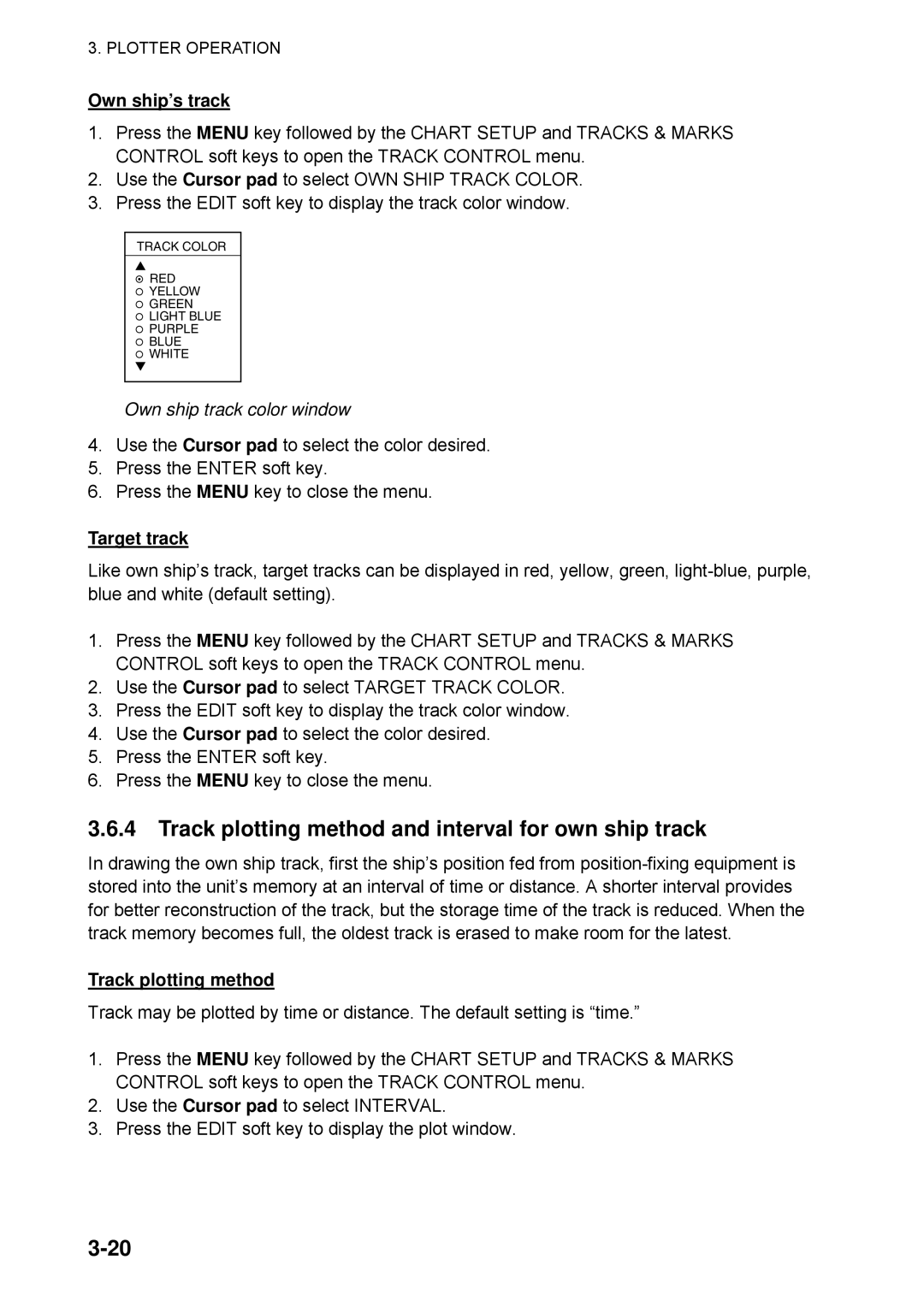 Furuno 1734C manual Track plotting method and interval for own ship track, Own ship’s track, Own ship track color window 