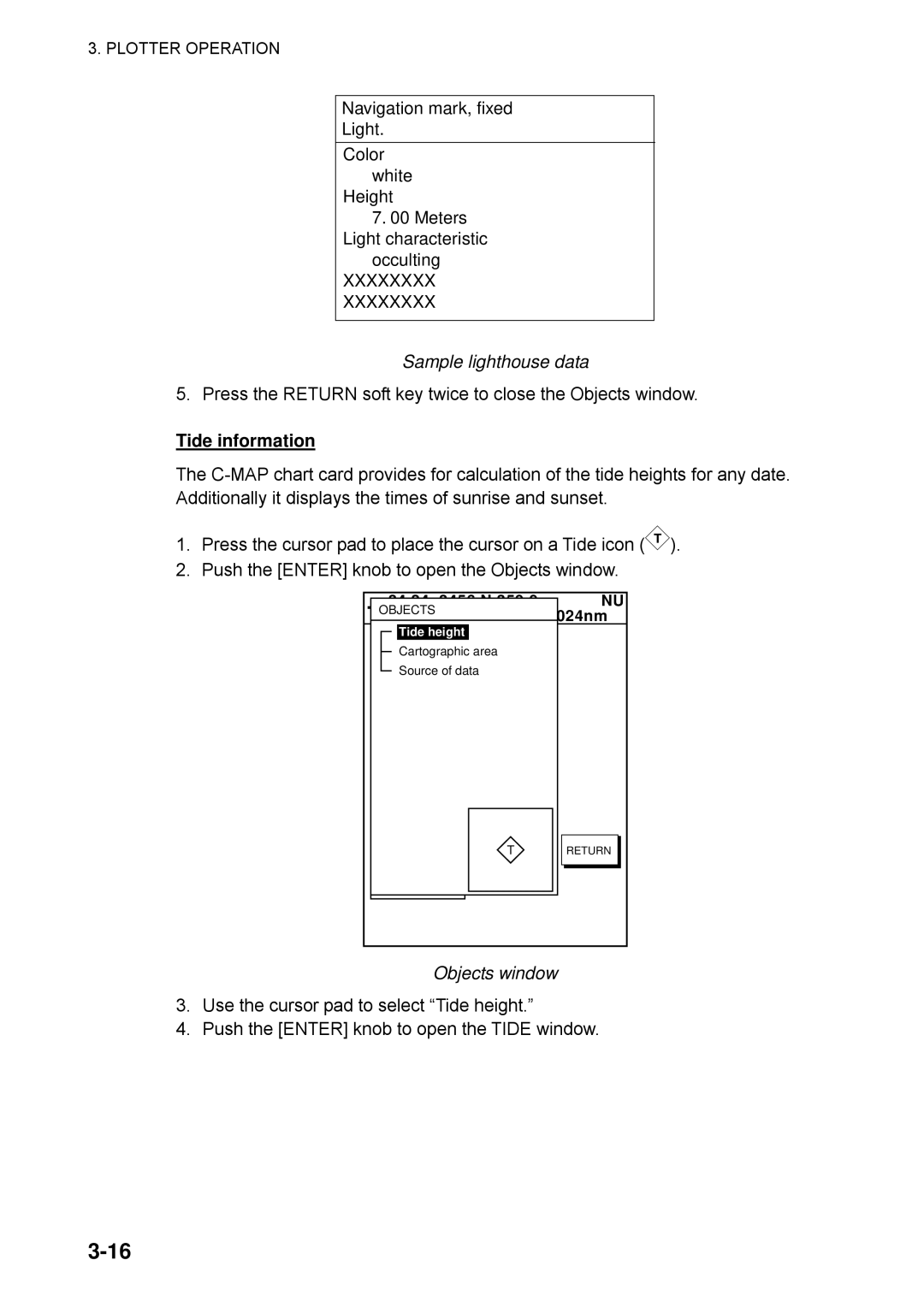 Furuno 1733C, 1753C, 1723C, 1762C, 1722C, 1763C, 1732C, 1752C, 1742C manual Sample lighthouse data, Tide information 