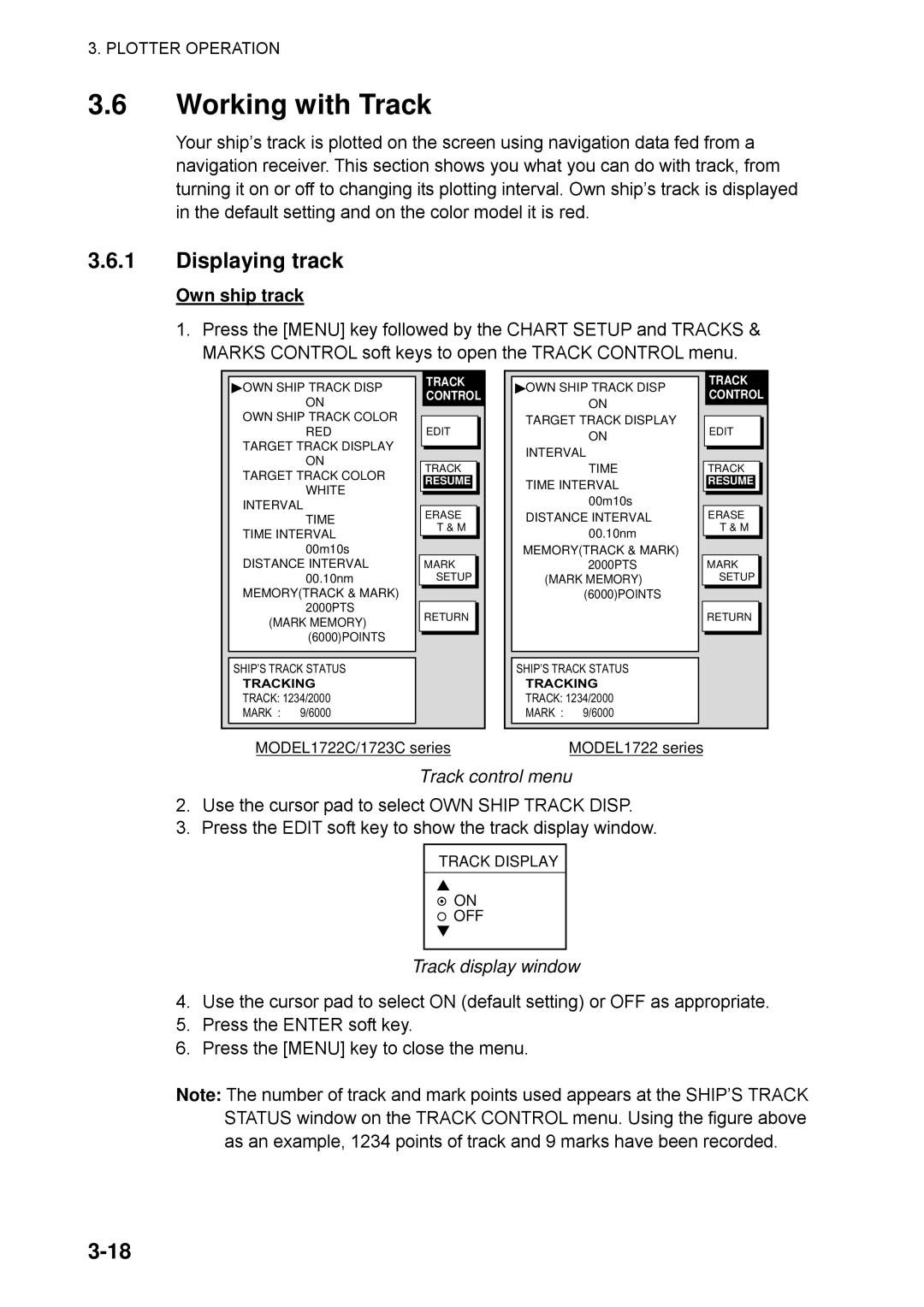 Furuno 1723C, 1753C, 1742 Working with Track, Displaying track, Own ship track, Track control menu, Track display window 
