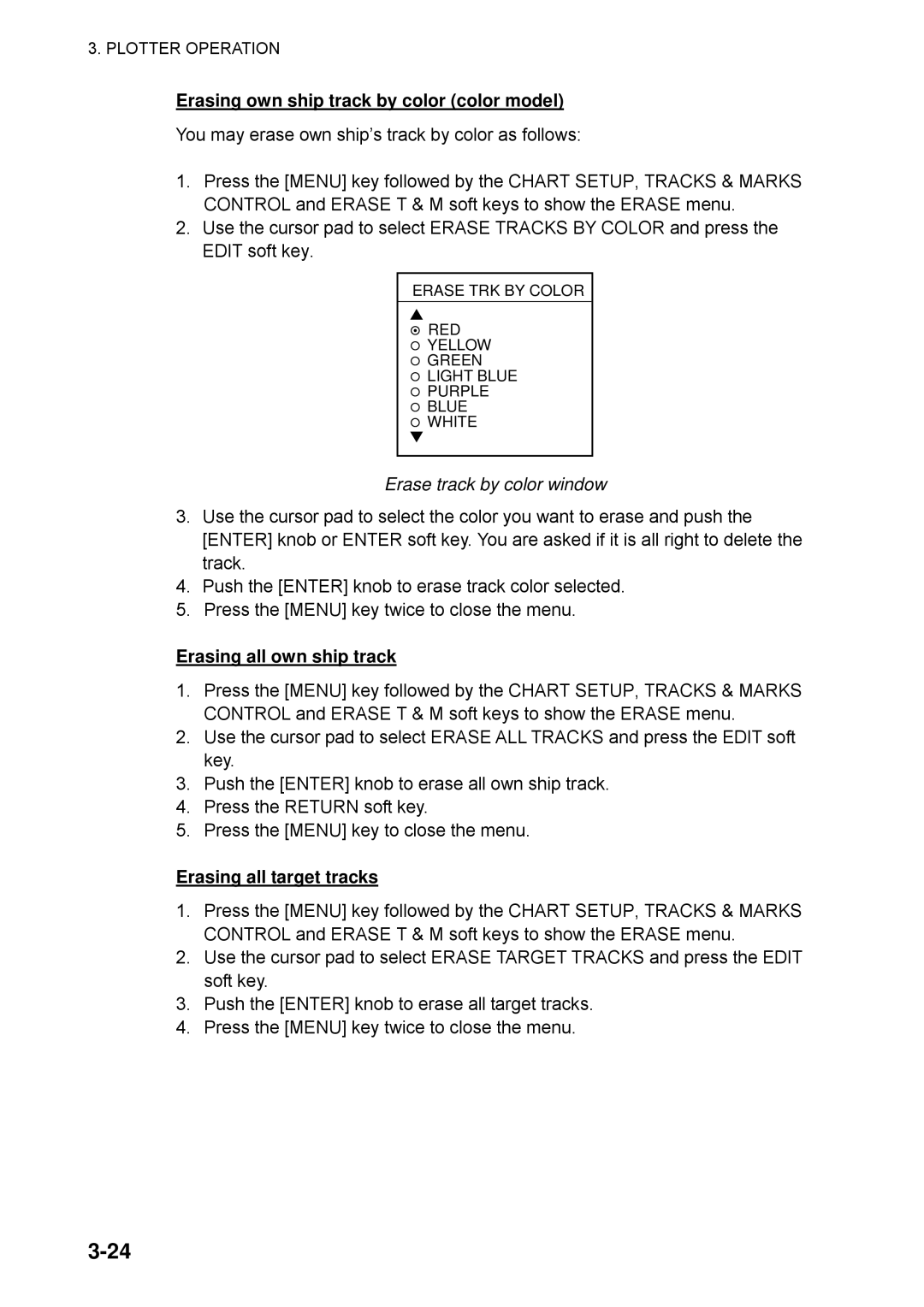 Furuno 1722, 1753C Erasing own ship track by color color model, Erase track by color window, Erasing all own ship track 