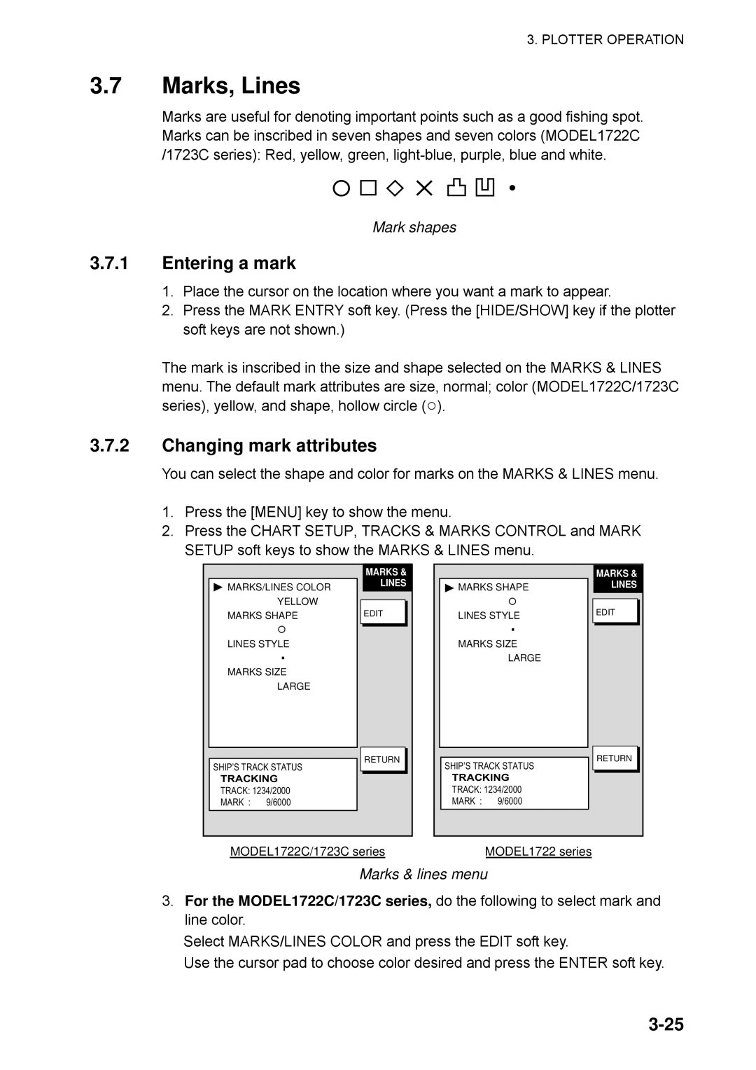 Furuno 1732C, 1753C, 1742, 1733C Marks, Lines, Entering a mark, Changing mark attributes, Mark shapes, Marks & lines menu 