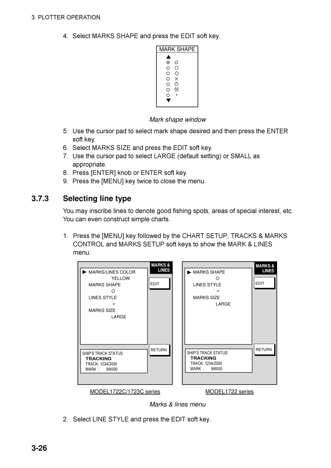 Furuno 1752C, 1753C, 1733C, 1723C, 1762C, 1722C, 1763C, 1732C, 1742C manual Selecting line type, Mark shape window 