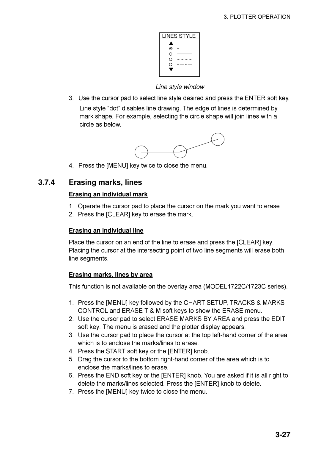 Furuno 1742C, 1753C, 1733C Erasing marks, lines, Line style window, Erasing an individual mark, Erasing an individual line 