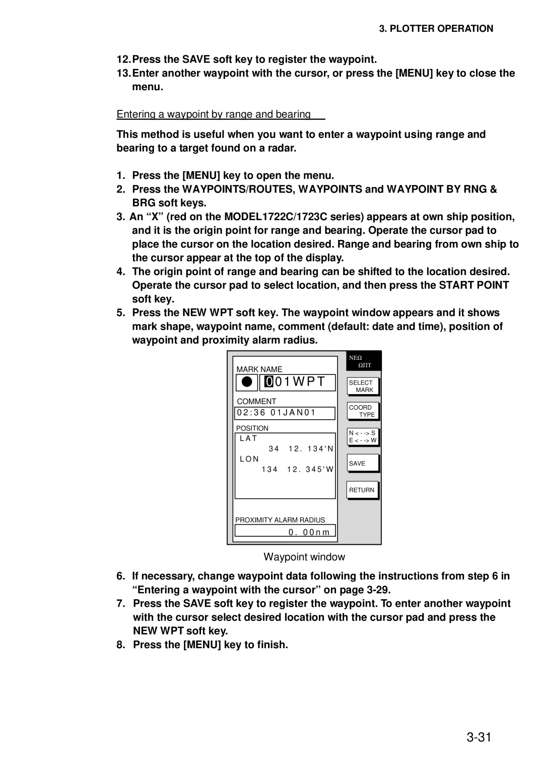 Furuno 1753C, 1733C, 1723C, 1762C, 1722C, 1763C, 1732C, 1752C, 1742C manual Entering a waypoint by range and bearing 