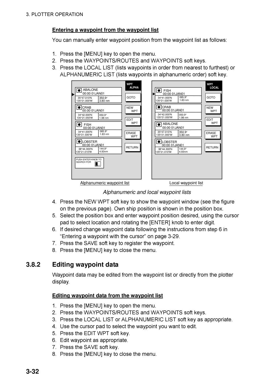 Furuno 1723C Editing waypoint data, Entering a waypoint from the waypoint list, Alphanumeric and local waypoint lists 