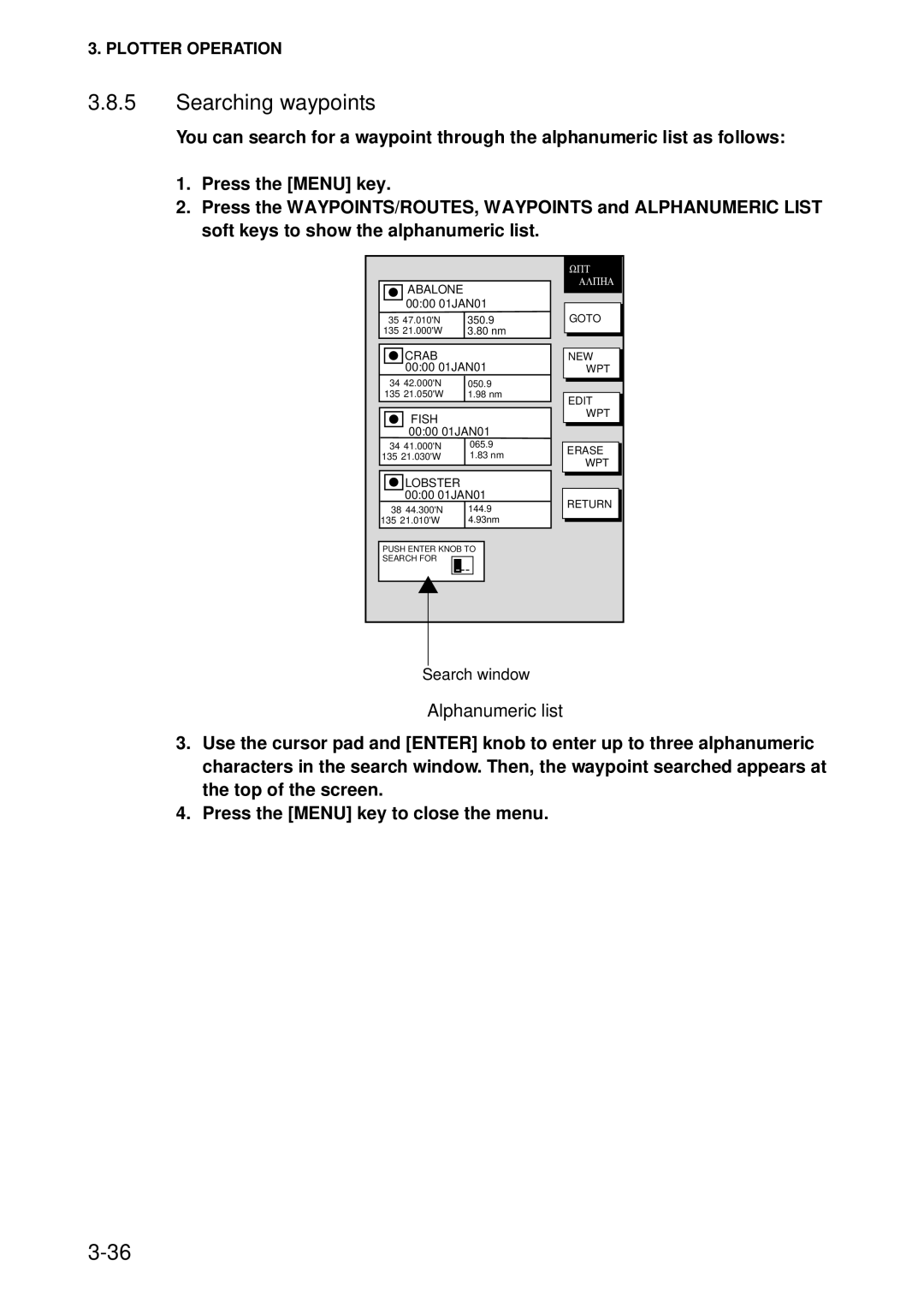 Furuno 1722C, 1753C, 1733C, 1723C, 1762C, 1763C, 1732C, 1752C, 1742C manual Searching waypoints, Alphanumeric list 