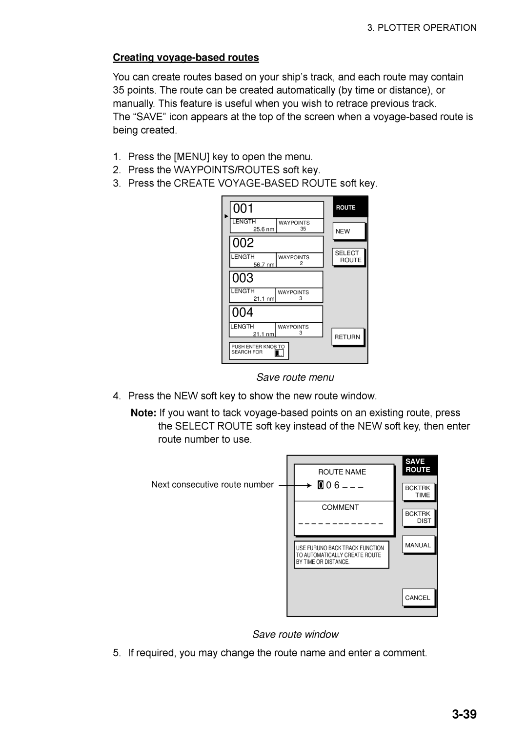 Furuno 1732C, 1753C, 1742, 1733C, 1752, 1723C, 1762C, 1722C Creating voyage-based routes, Save route menu, Save route window 