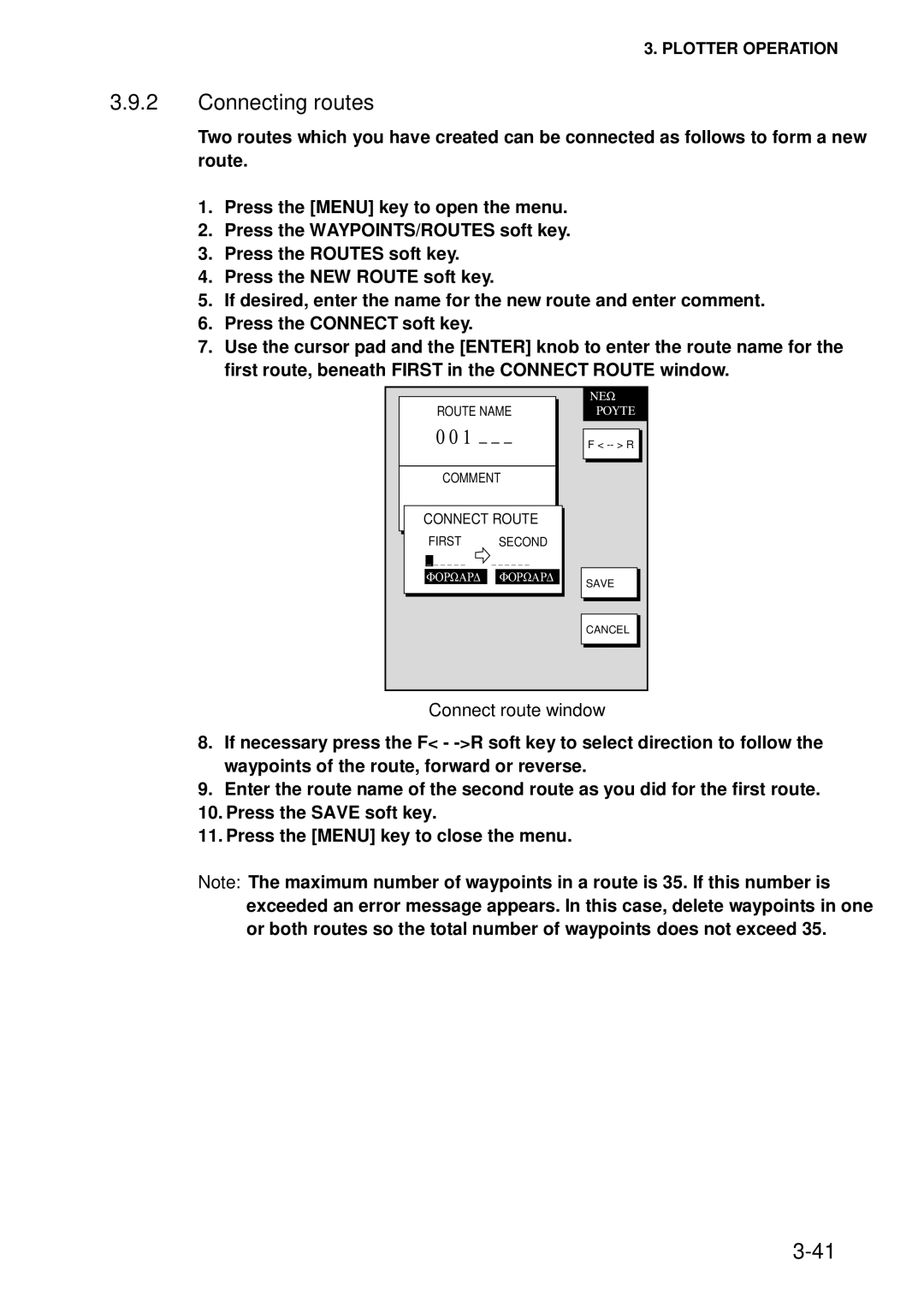 Furuno 1742C, 1753C, 1733C, 1723C, 1762C, 1722C, 1763C, 1732C, 1752C manual Connecting routes, Connect route window 