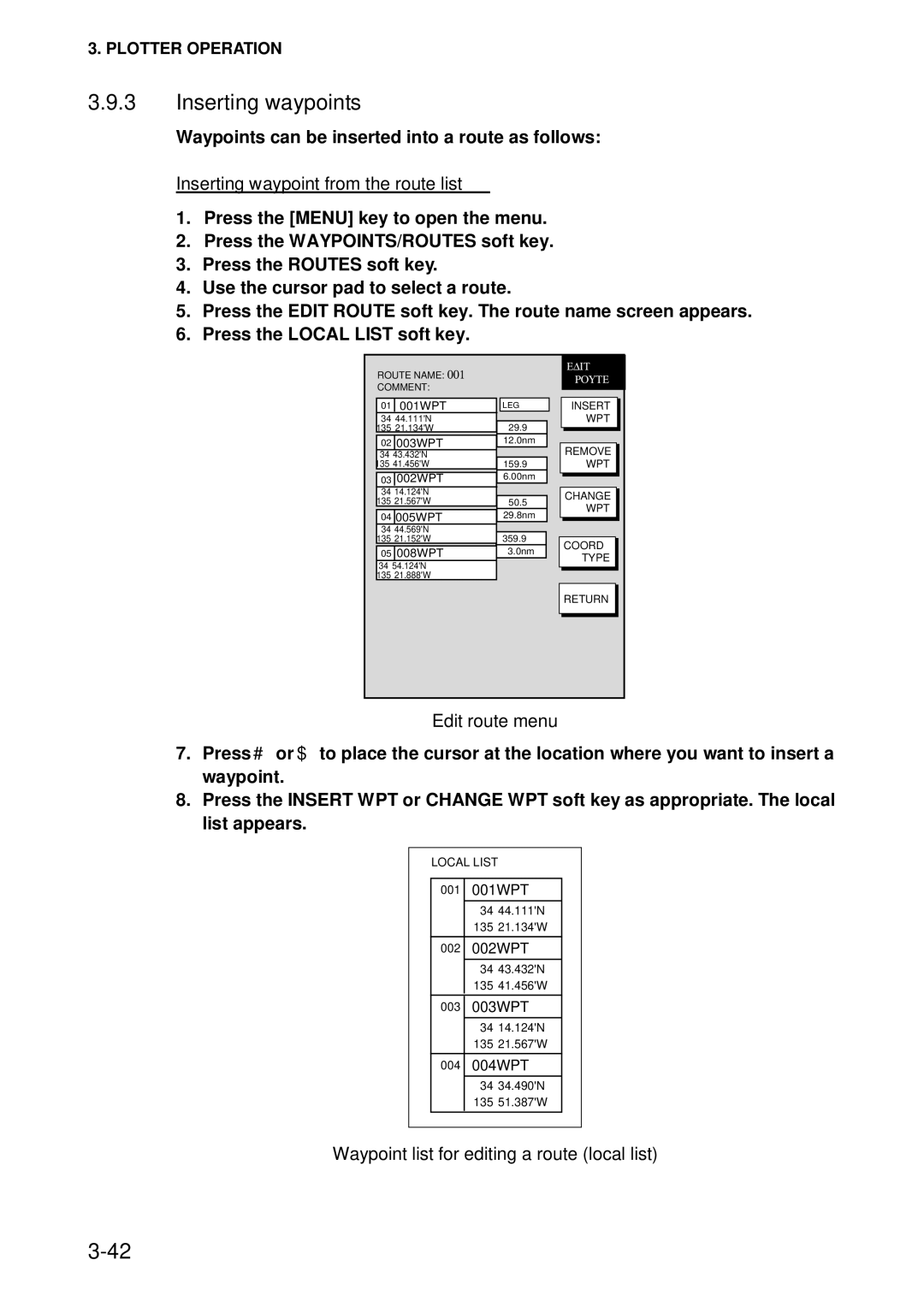 Furuno 1753C, 1742, 1733C, 1752, 1723C, 1762, 1732 Inserting waypoints, Inserting waypoint from the route list, Edit route menu 