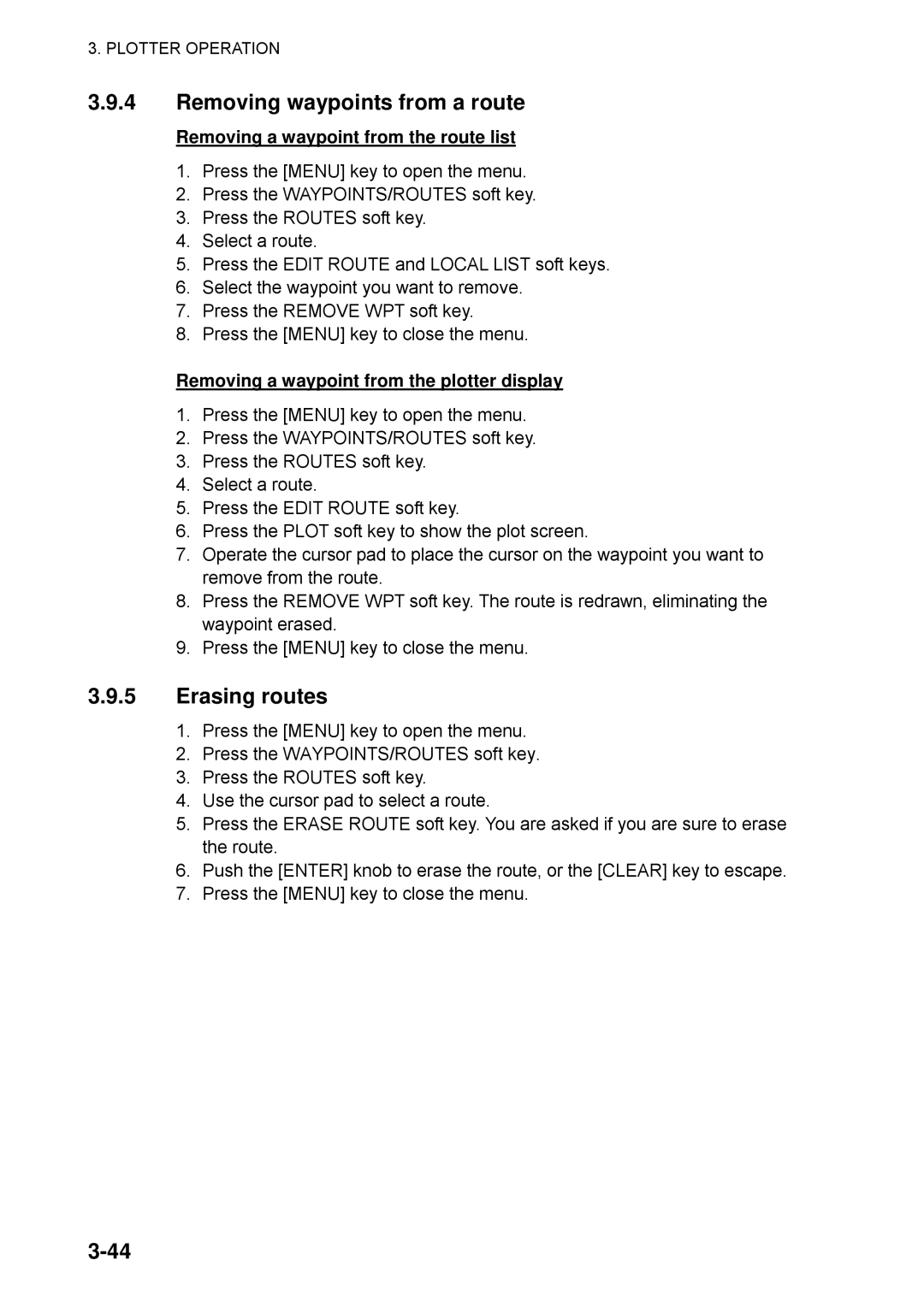 Furuno 1733C, 1753C, 1742, 1752 Removing waypoints from a route, Erasing routes, Removing a waypoint from the route list 