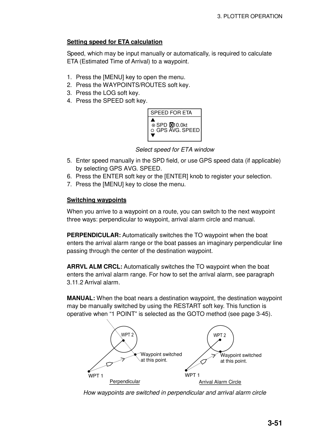 Furuno 1763C, 1753C, 1742, 1733C, 1752 Setting speed for ETA calculation, Select speed for ETA window, Switching waypoints 