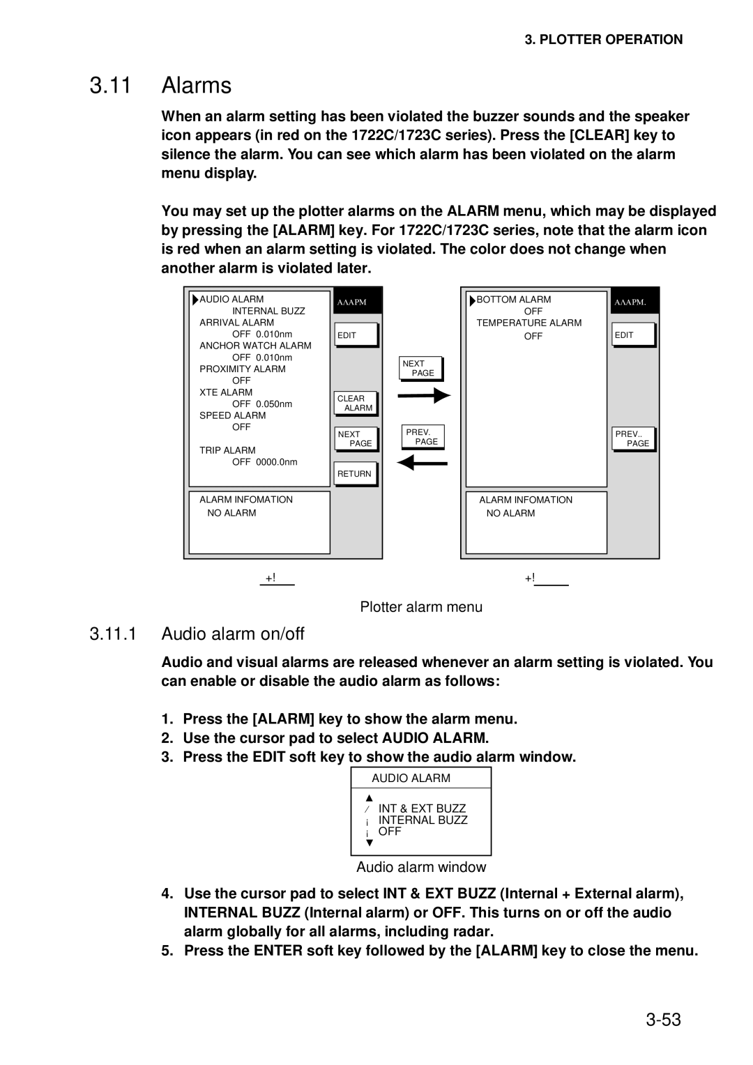 Furuno 1732C, 1753C, 1742, 1733C, 1752, 1723C, 1762C, 1722 Alarms, Audio alarm on/off, Plotter alarm menu, Audio alarm window 