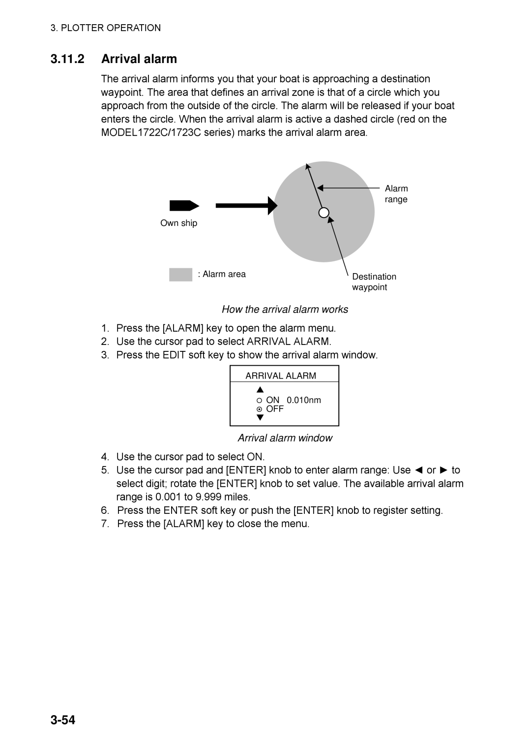 Furuno 1752C, 1753C, 1742, 1733C, 1723C, 1762C, 1722C, 1763C, 1732C How the arrival alarm works, Arrival alarm window 