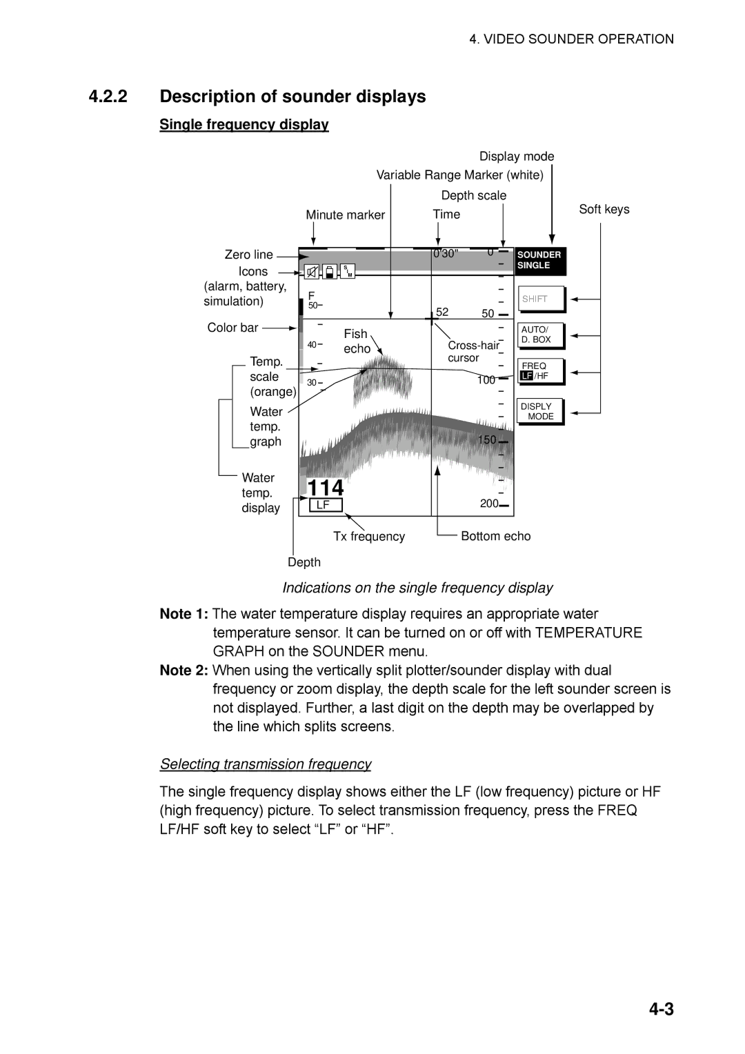 Furuno 1763C, 1753C, 1742, 1733C, 1752, 1723C, 1762C, 1732, 1722C Description of sounder displays, Single frequency display 