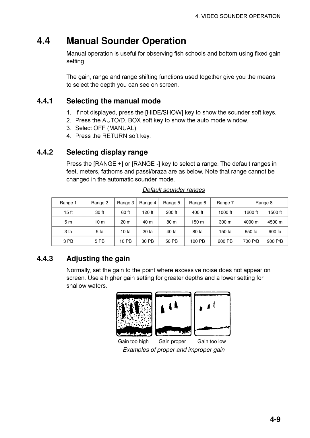Furuno 1742, 1753C, 1733C Manual Sounder Operation, Selecting the manual mode, Selecting display range, Adjusting the gain 