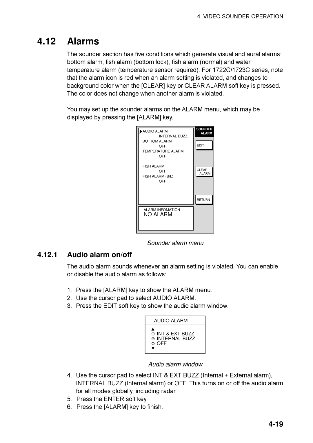 Furuno 1732C, 1753C, 1733C, 1723C, 1762C, 1722C, 1763C, 1752C, 1742C manual Alarms, Sounder alarm menu 