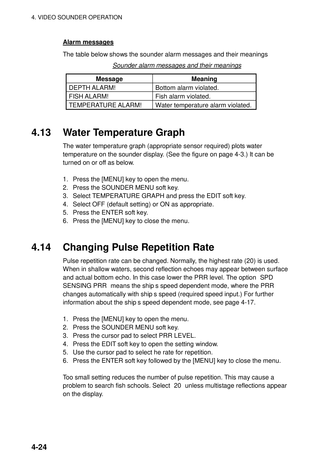 Furuno 1733C, 1753C Water Temperature Graph, Changing Pulse Repetition Rate, Sounder alarm messages and their meanings 