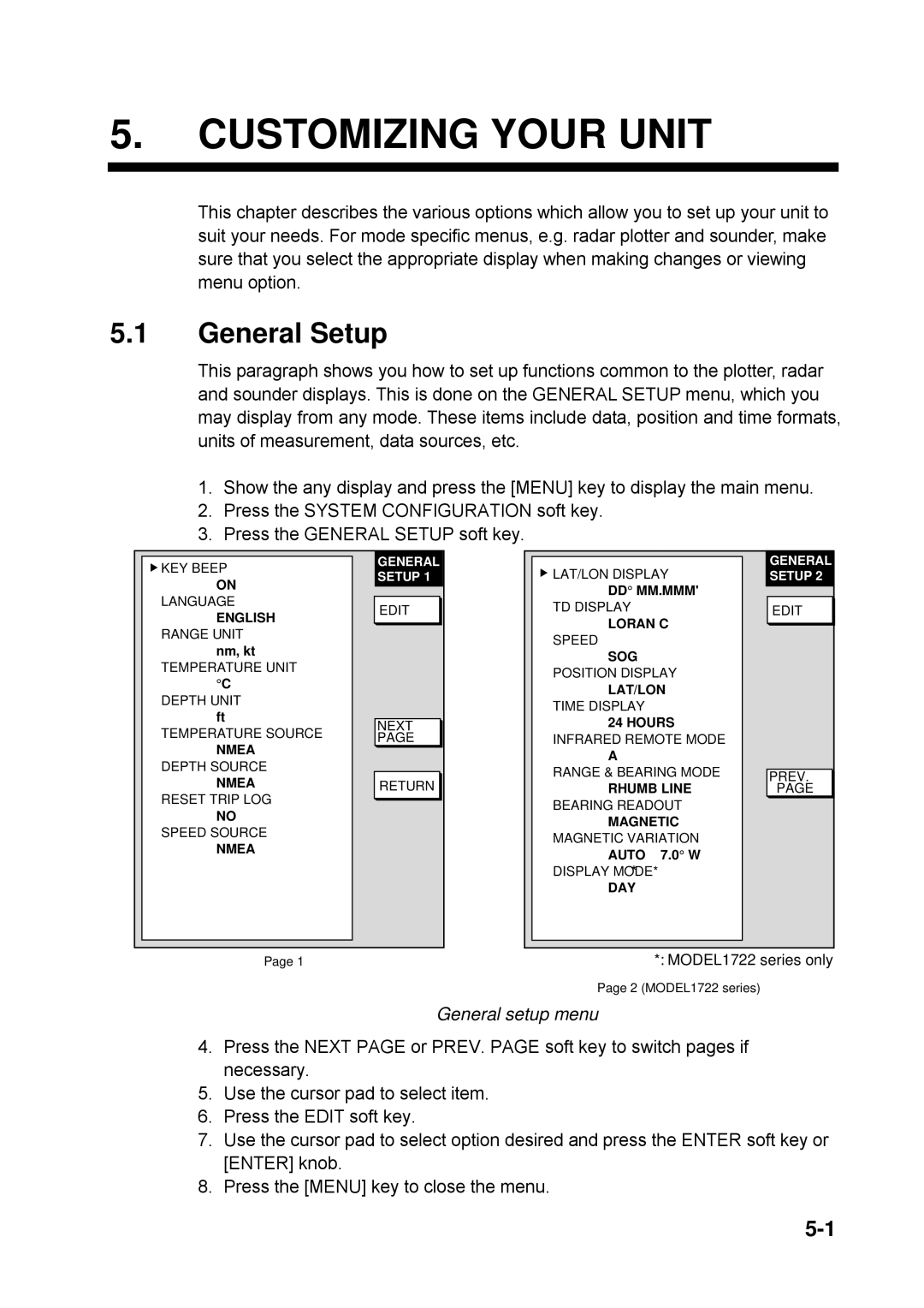 Furuno 1753C, 1733C, 1723C, 1762C, 1722C, 1763C, 1732C, 1752C, 1742C manual General Setup, General setup menu 