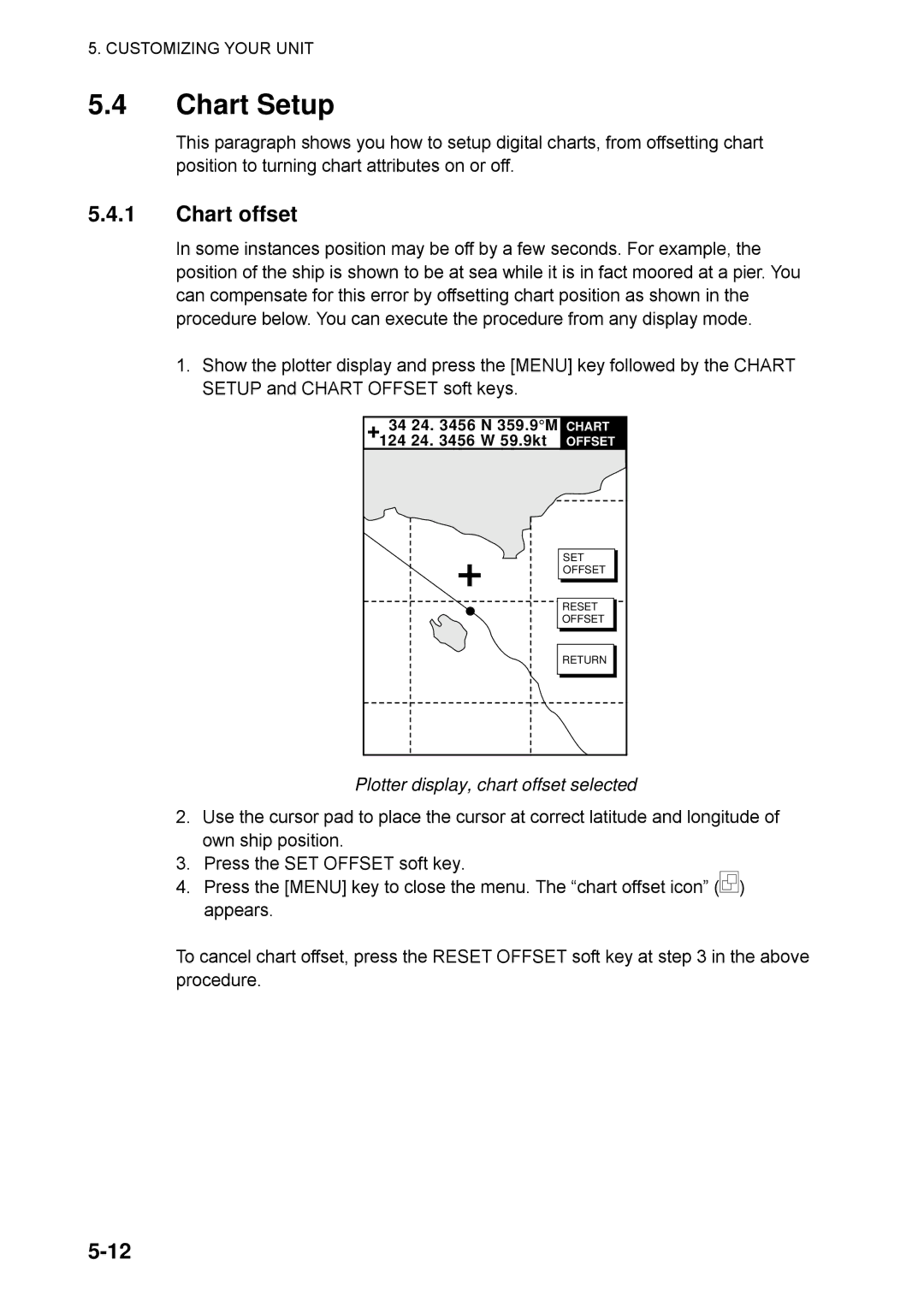 Furuno 1733C, 1753C, 1742, 1752, 1723C, 1762C, 1732, 1722C Chart Setup, Chart offset, Plotter display, chart offset selected 