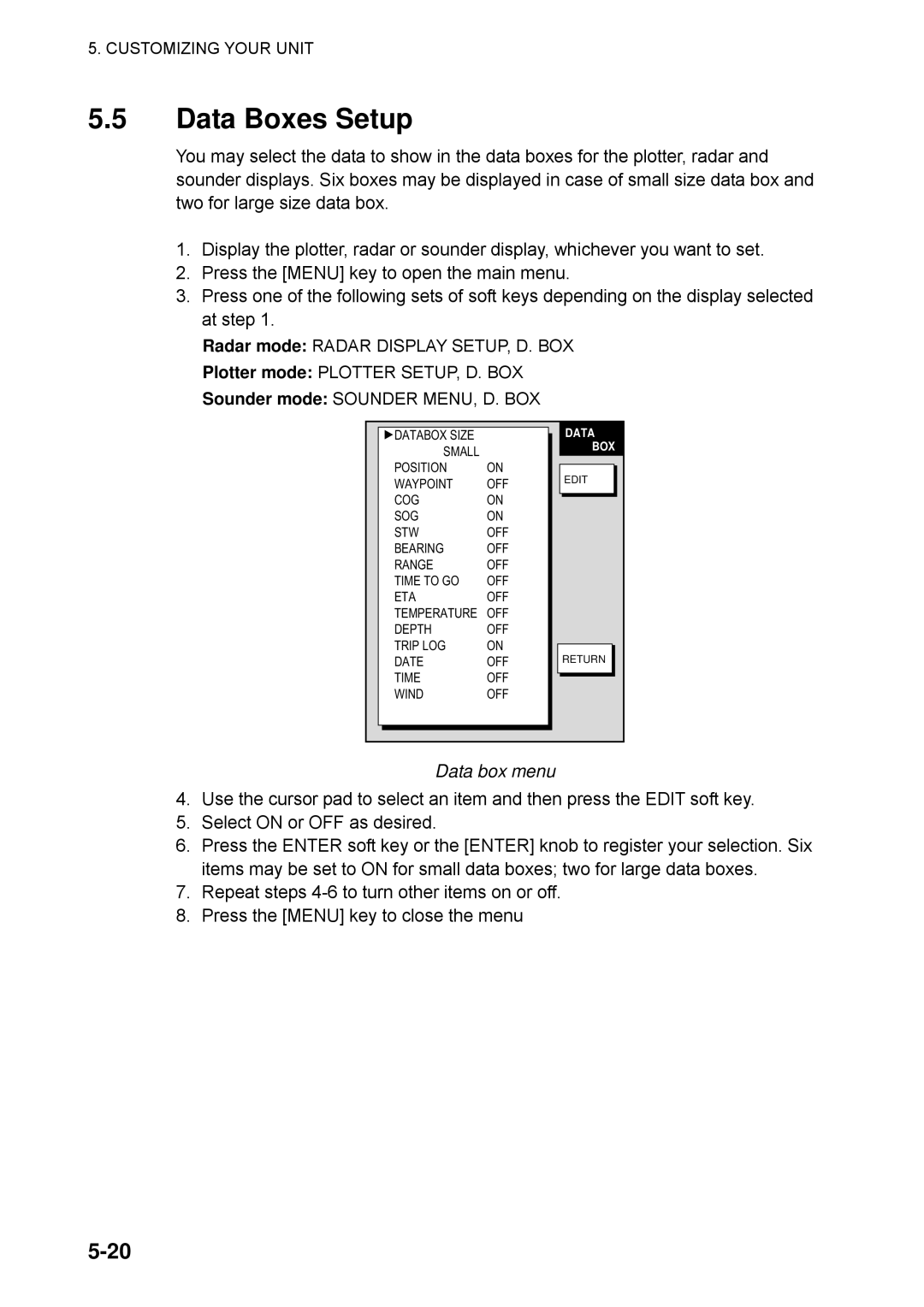 Furuno 1753C, 1733C, 1723C, 1762C, 1722C, 1763C, 1732C, 1752C, 1742C manual Data Boxes Setup, Data box menu 